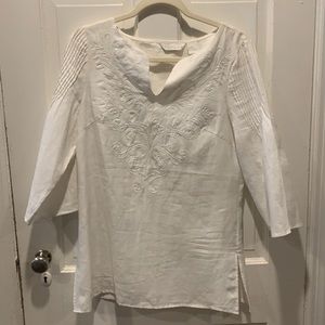EUC White Linen embroidered Tunic 3/4 Sleeves Sz M